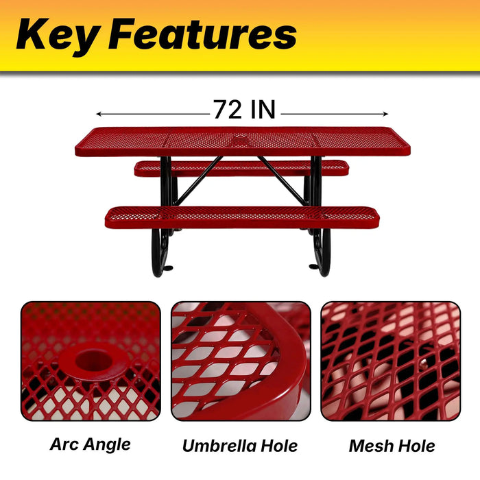 LAUCO Heavy Duty Rectangular Outdoor Picnic Table with Steel Frame, Thermoplastic Coating, Umbrella Hole, Built-in Benches, Seats 8, for Park, Patio, School (Red, 72 inch) LAUCO