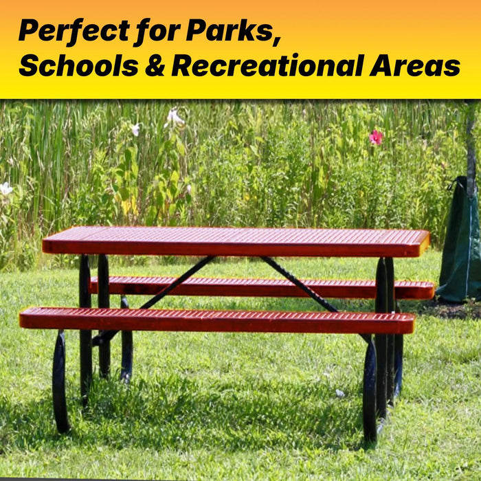LAUCO Heavy Duty Rectangular Outdoor Picnic Table with Steel Frame, Thermoplastic Coating, Umbrella Hole, Built-in Benches, Seats 8, for Park, Patio, School (Red, 72 inch) LAUCO