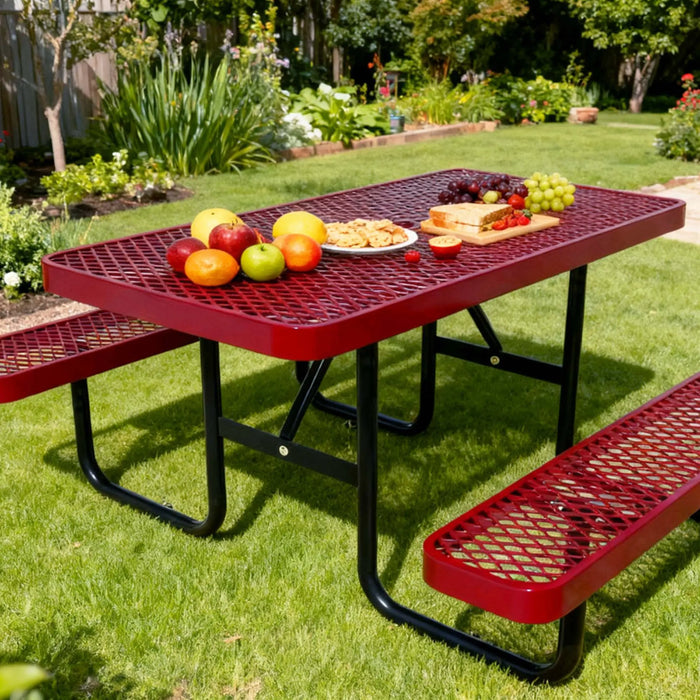 LAUCO Heavy Duty Rectangular Outdoor Picnic Table with Steel Frame, Thermoplastic Coating, Umbrella Hole, Built-in Benches, Seats 8, for Park, Patio, School (Red, 72 inch) LAUCO
