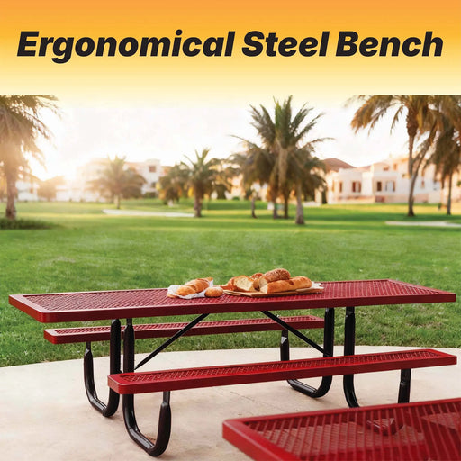LAUCO Heavy Duty Rectangular Outdoor Picnic Table with Steel Frame, Thermoplastic Coating, Umbrella Hole, Built-in Benches, Seats 8, for Park, Patio, School (Red, 96 inch) LAUCO