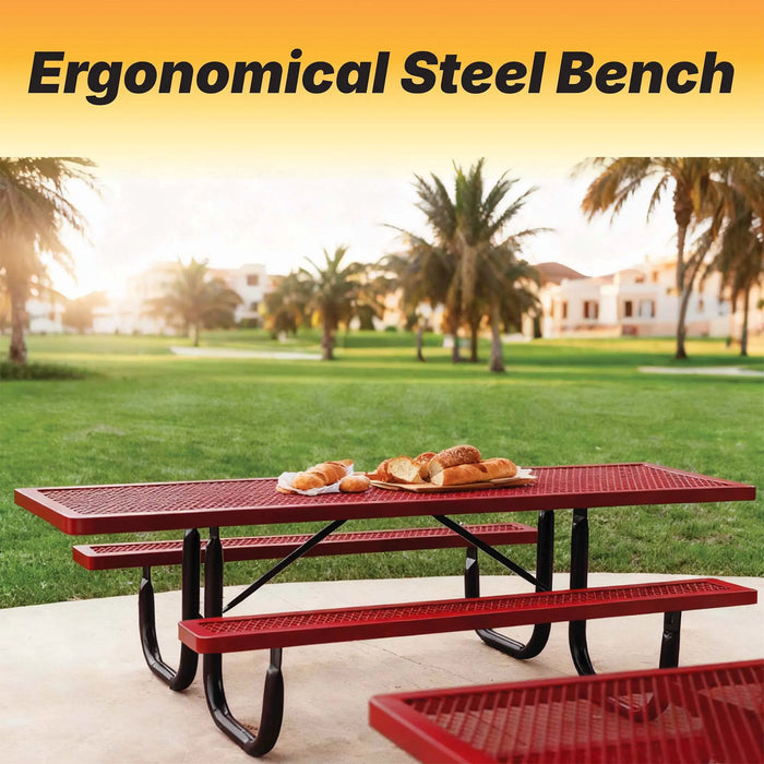 LAUCO Heavy Duty Rectangular Outdoor Picnic Table with Steel Frame, Thermoplastic Coating, Umbrella Hole, Built-in Benches, Seats 8, for Park, Patio, School (Red, 96 inch) LAUCO