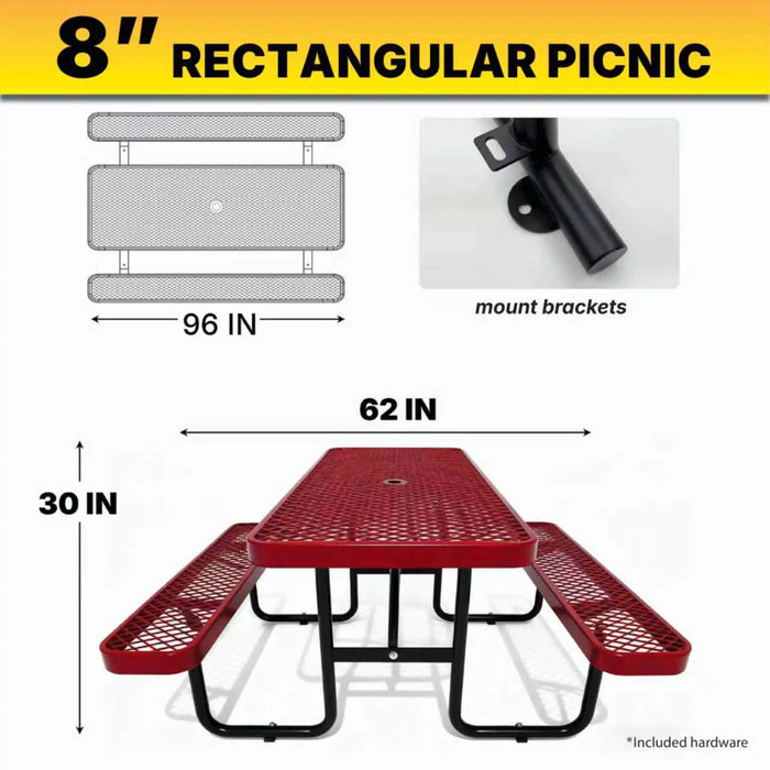LAUCO Heavy Duty Rectangular Outdoor Picnic Table with Steel Frame, Thermoplastic Coating, Umbrella Hole, Built-in Benches, Seats 8, for Park, Patio, School (Red, 96 inch) LAUCO