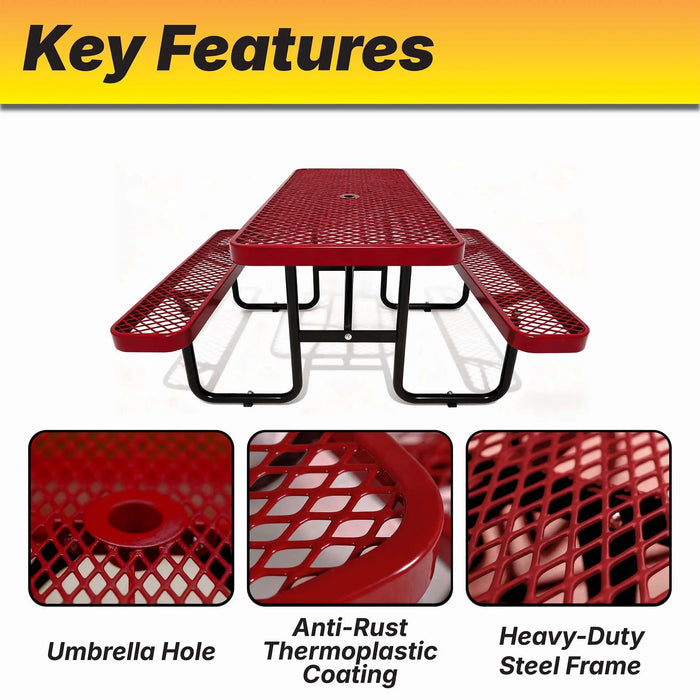 LAUCO Heavy Duty Rectangular Outdoor Picnic Table with Steel Frame, Thermoplastic Coating, Umbrella Hole, Built-in Benches, Seats 8, for Park, Patio, School (Red, 96 inch) LAUCO