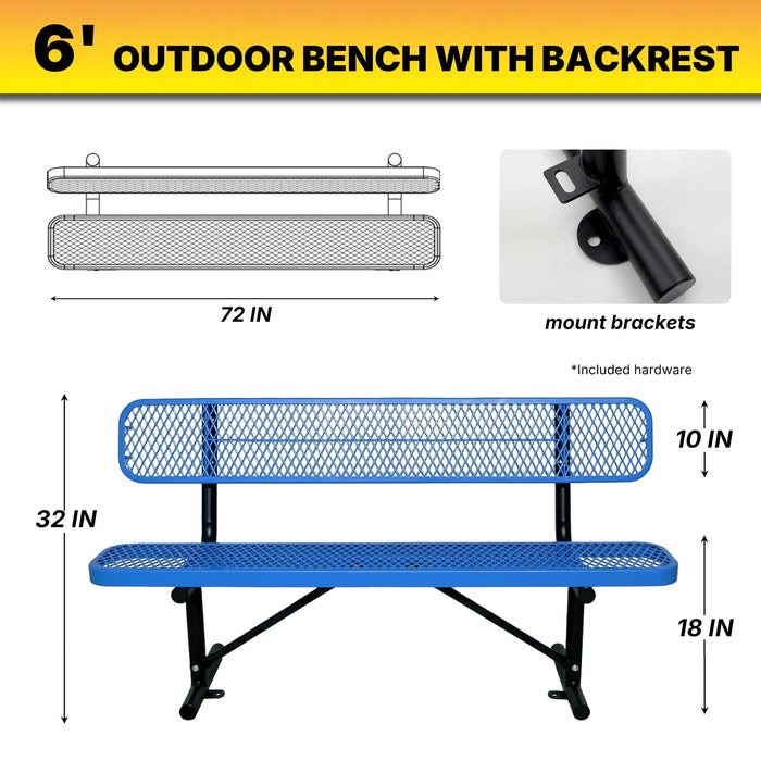 LAUCO Heavy Duty Steel Outdoor Picnic Bench, Black Powder Coated, 72-Inch, Perforated Metal Design with Backrest, 1000 lbs Capacity, Industrial Style (Blue) LAUCO