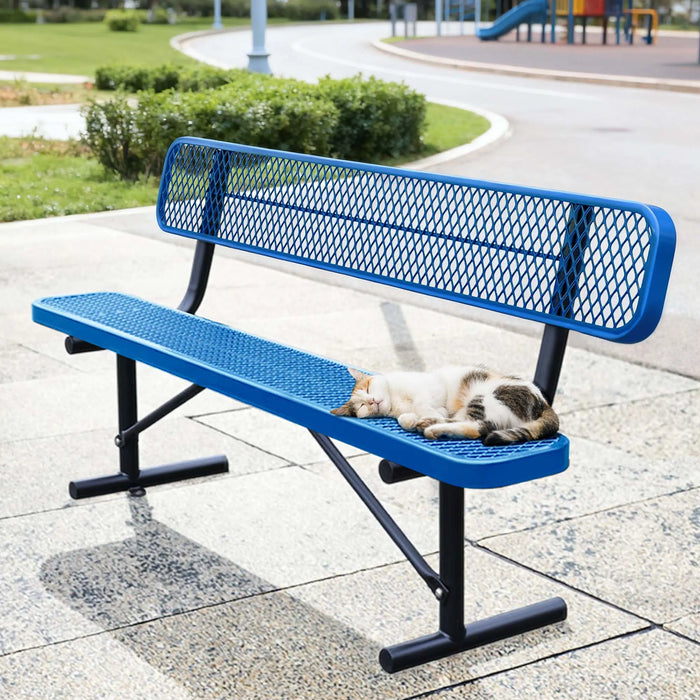 LAUCO Heavy Duty Steel Outdoor Picnic Bench, Black Powder Coated, 72-Inch, Perforated Metal Design with Backrest, 1000 lbs Capacity, Industrial Style (Blue) LAUCO