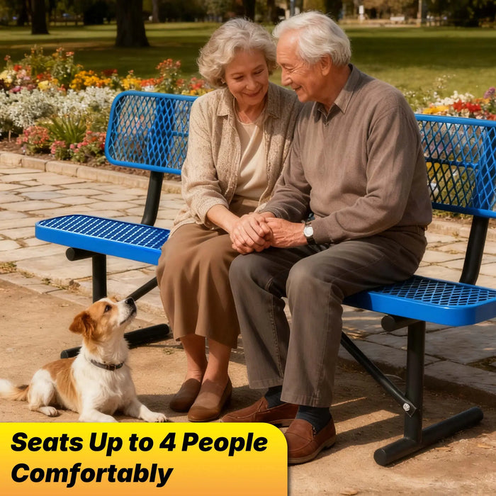 LAUCO Heavy Duty Steel Outdoor Picnic Bench, Black Powder Coated, 72-Inch, Perforated Metal Design with Backrest, 1000 lbs Capacity, Industrial Style (Blue) LAUCO