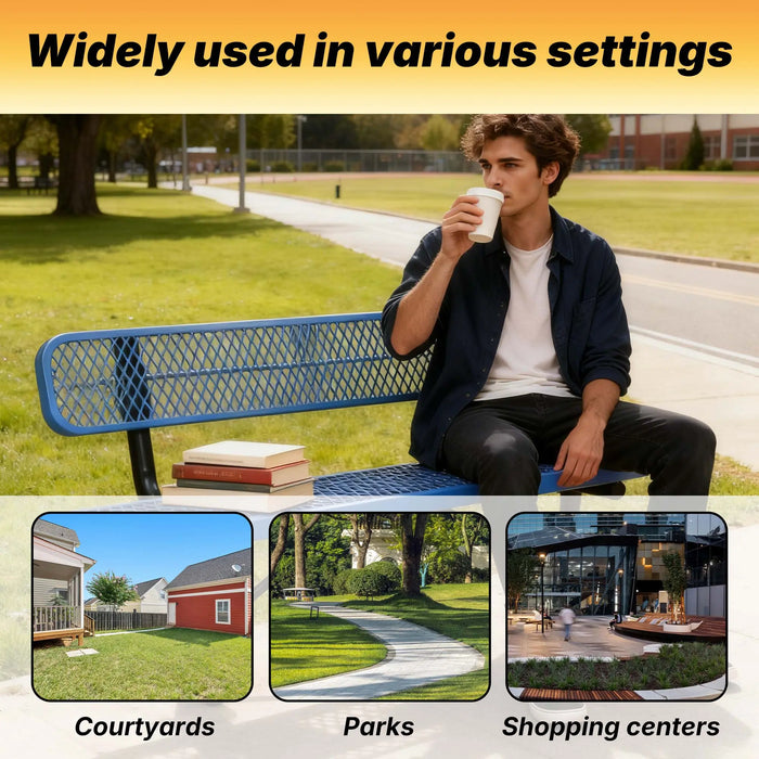 LAUCO Heavy Duty Steel Outdoor Picnic Bench, Black Powder Coated, 72-Inch, Perforated Metal Design with Backrest, 1000 lbs Capacity, Industrial Style (Blue) LAUCO