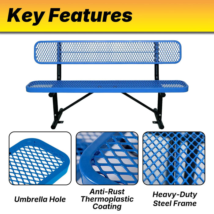 LAUCO Heavy Duty Steel Outdoor Picnic Bench, Black Powder Coated, 72-Inch, Perforated Metal Design with Backrest, 1000 lbs Capacity, Industrial Style (Blue) LAUCO