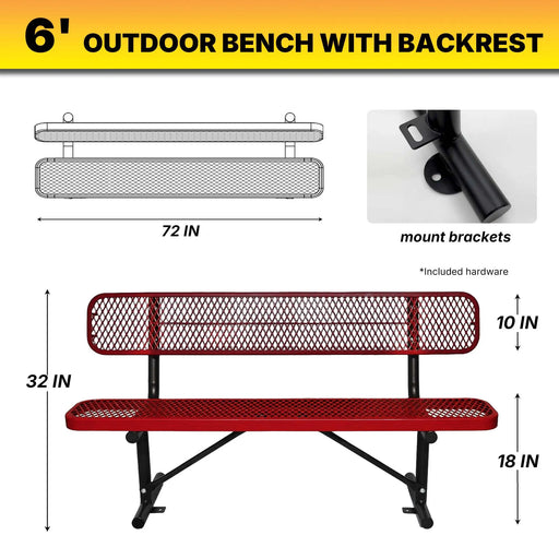 LAUCO Heavy Duty Steel Outdoor Picnic Bench, Black Powder Coated, 72-Inch, Perforated Metal Design with Backrest, 1000 lbs Capacity, Industrial Style (Red) LAUCO