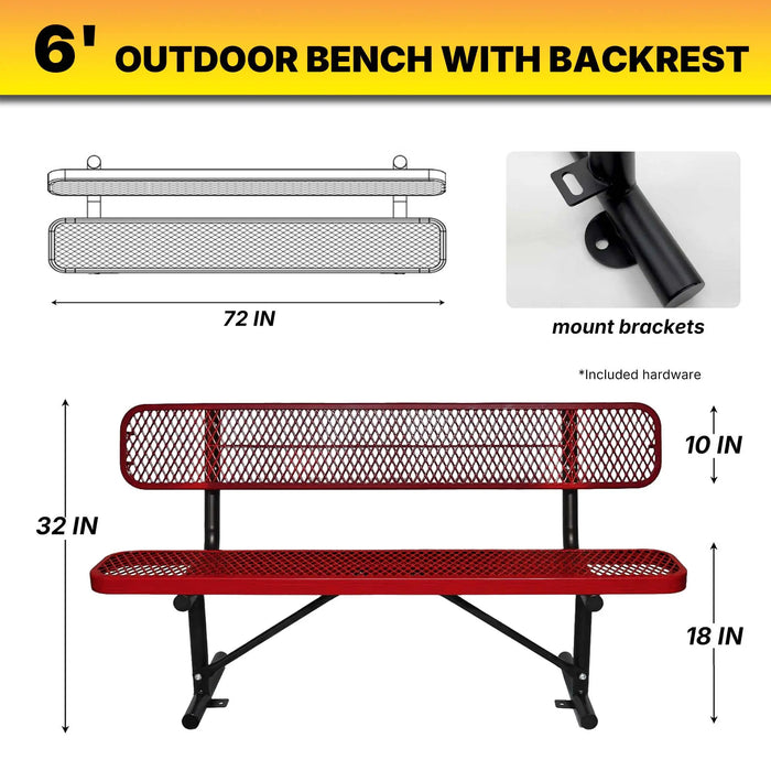 LAUCO Heavy Duty Steel Outdoor Picnic Bench, Black Powder Coated, 72-Inch, Perforated Metal Design with Backrest, 1000 lbs Capacity, Industrial Style (Red) LAUCO