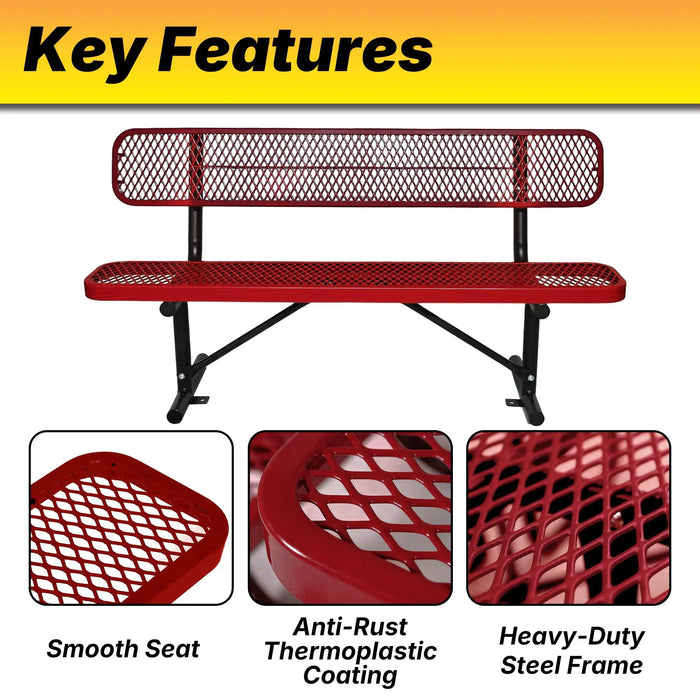 LAUCO Heavy Duty Steel Outdoor Picnic Bench, Black Powder Coated, 72-Inch, Perforated Metal Design with Backrest, 1000 lbs Capacity, Industrial Style (Red) LAUCO