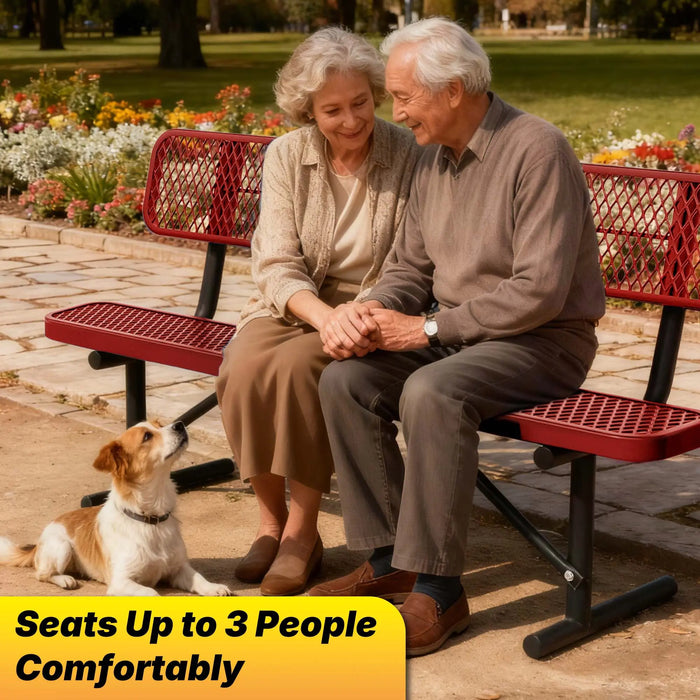 LAUCO Heavy Duty Steel Outdoor Picnic Bench, Black Powder Coated, 72-Inch, Perforated Metal Design with Backrest, 1000 lbs Capacity, Industrial Style (Red) LAUCO