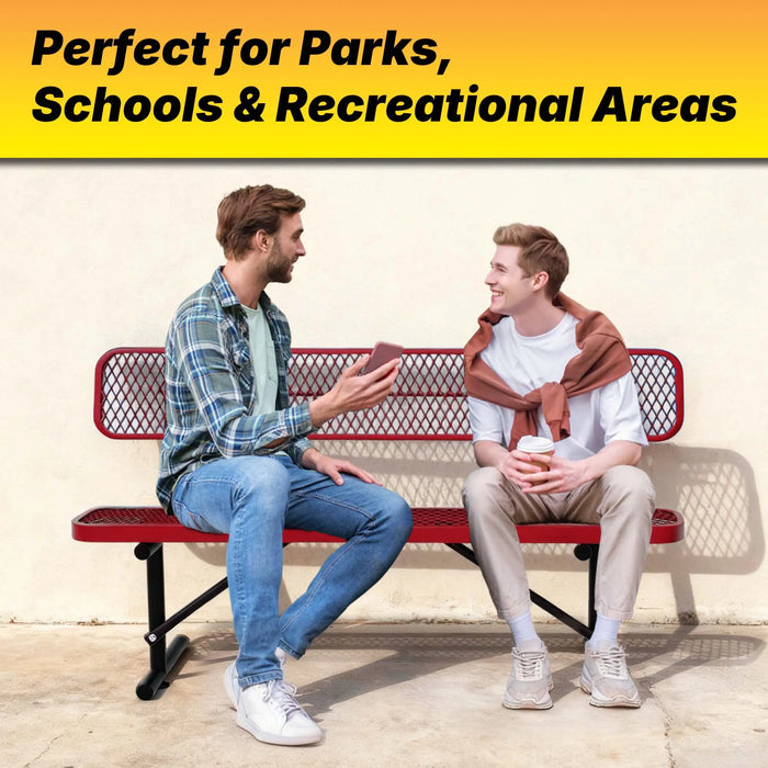 LAUCO Heavy Duty Steel Outdoor Picnic Bench, Black Powder Coated, 72-Inch, Perforated Metal Design with Backrest, 1000 lbs Capacity, Industrial Style (Red) LAUCO