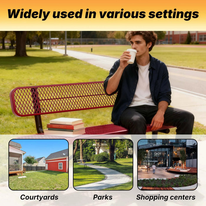 LAUCO Heavy Duty Steel Outdoor Picnic Bench, Black Powder Coated, 72-Inch, Perforated Metal Design with Backrest, 1000 lbs Capacity, Industrial Style (Red) LAUCO