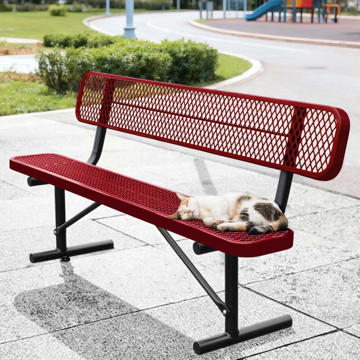 LAUCO Heavy Duty Steel Outdoor Picnic Bench, Black Powder Coated, 72-Inch, Perforated Metal Design with Backrest, 1000 lbs Capacity, Industrial Style (Red) LAUCO