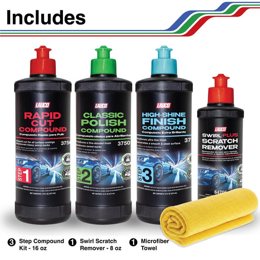 LAUCO Paint Correction Compounds Step 1, 2, 3 – 16oz, Swirl Remover 8oz Kits, With a Towel, Silicone-Free, Clear Coat Safe Scratch Remover, Swirl Correction & High Gloss Finishing LAUCO