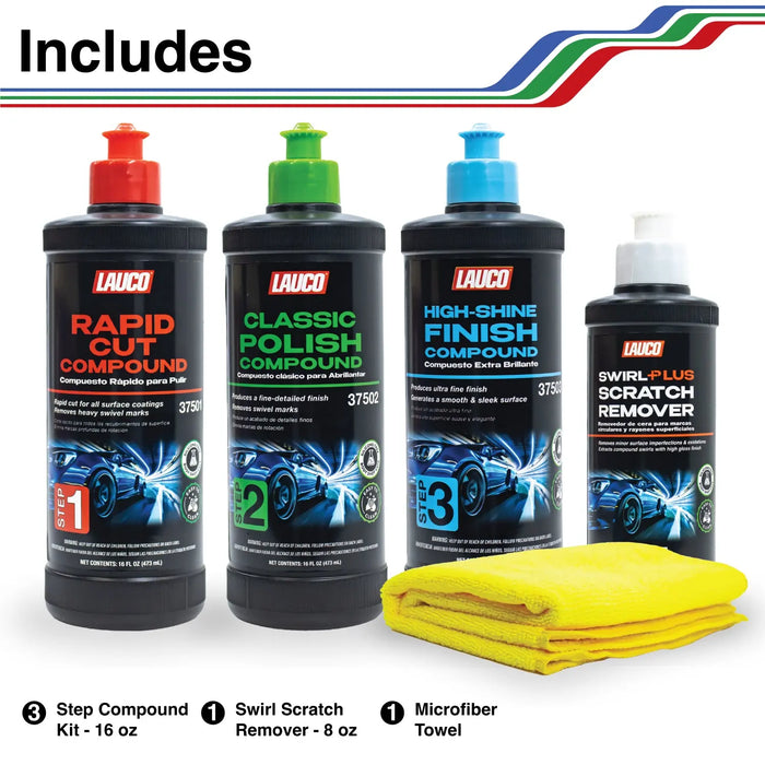 LAUCO Paint Correction Compounds Step 1, 2, 3 – 16oz, Swirl Remover 8oz Kits, With a Towel, Silicone-Free, Clear Coat Safe Scratch Remover, Swirl Correction & High Gloss Finishing LAUCO