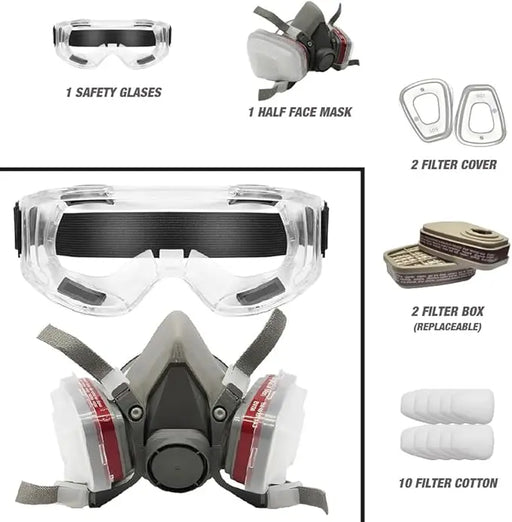 LAUCO Premium Respirator Kit Reusable Half Face Mask with Safety Glasses for Gas, Painting, Machine Polishing, Staining, Car Spraying, Sanding and Cutting - 27771 LAUCO