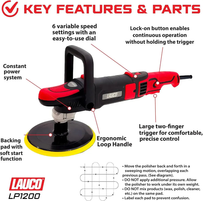LAUCO Rotary and Gear Driven Orbital Polisher 1200W - 1000W with 6-Inch Backing Pad, 6-Speed Variable Control, High Torque Machines for Car Detailing, Paint Correction, Waxing, Buffing & Polishing LAUCO