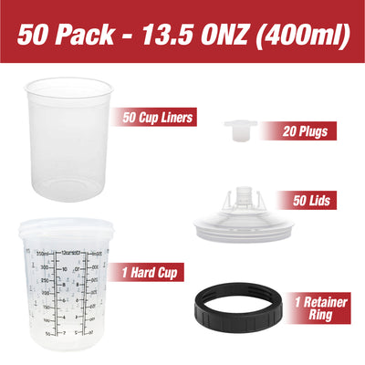 Disposable Paint Spray Gun Cups Liners and Lid System, 50 pack Medium Size 13.5 Ounce (400ml) Kit - 50 Cup Liners, 50 Lids with 190 Mic Strainer, 1 Hard Cup with Retainer Ring and 20 Plugs