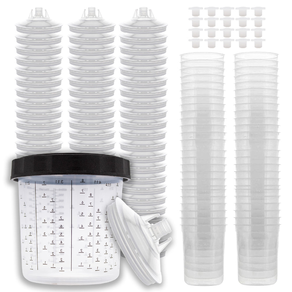 Disposable Paint Spray Gun Cups Liners and Lid System, 50 pack Standard Size 20 Ounce (600ml) Kit - 50 Cup Liners, 50 Lids with 125 Mic Strainer, 1 Hard Cup with Retainer Ring and 20 Plugs
