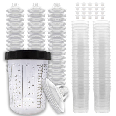 Disposable Paint Spray Gun Cups Liners and Lid System, 50 pack Large Size 27 Ounce (800ml) Kit - 50 Cup Liners, 50 Lids with 190 Mic Strainer, 1 Hard Cup with Retainer Ring and 20 Plugs