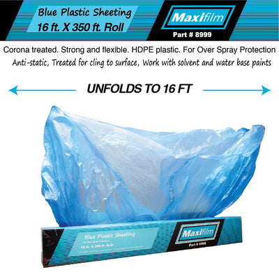 MAXIFILM 16ft x 350 ft Roll Blue Premium Overspray Paintable Plastic Sheeting - 8 Micron, 0.3 Mil, Protective Corona Treated Masking Film Cover - Auto Car Painting, Bodyshop Repair, House Paint Cloth