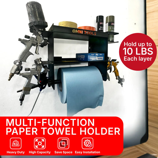 OMNI TOOLS Multi-Function Paper Towel Holder – Heavy-Duty Shop Shelf with Tool Slots & Spray Gun Storage – Steel Organizer Rack for Garage & Auto Body Shops – 22¾" x 15" x 9¼" - (36038) Omni Tools