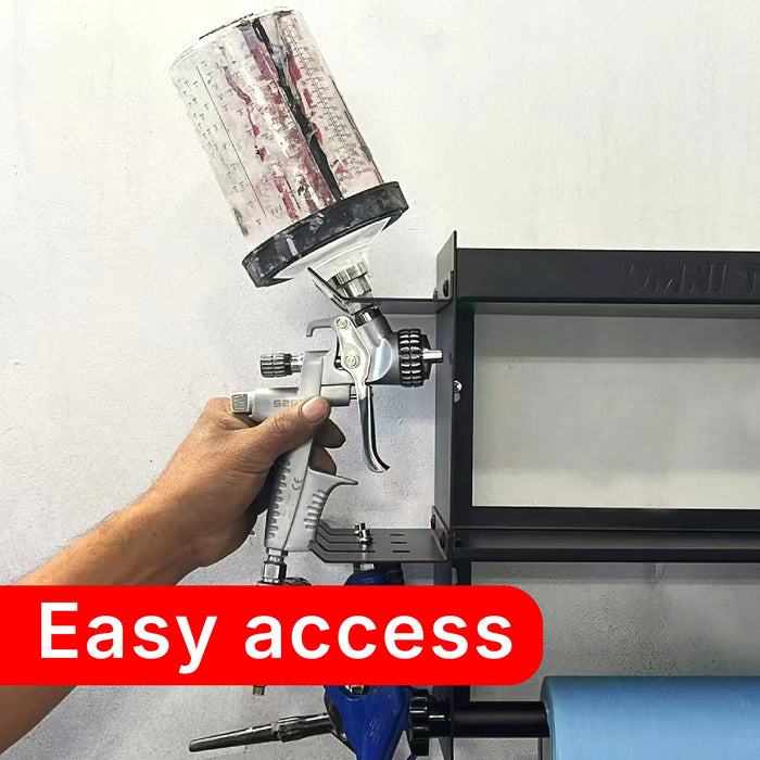 OMNI TOOLS Multi-Function Paper Towel Holder – Heavy-Duty Shop Shelf with Tool Slots & Spray Gun Storage – Steel Organizer Rack for Garage & Auto Body Shops – 22¾" x 15" x 9¼" - (36038) Omni Tools