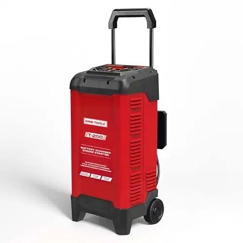 OMNI TOOLS T-250 Battery Charger & Engine Starter – 250A Start, 50A Boost, 6V/12V Automatic Charger for STD, AGM, Gel Batteries – Digital Display, Microprocessor Controlled, Safety Protection [T-250] Omni Tools
