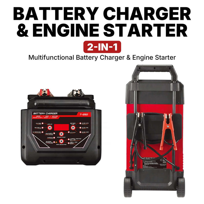 OMNI TOOLS T-250 Battery Charger & Engine Starter – 250A Start, 50A Boost, 6V/12V Automatic Charger for STD, AGM, Gel Batteries – Digital Display, Microprocessor Controlled, Safety Protection [T-250] Omni Tools