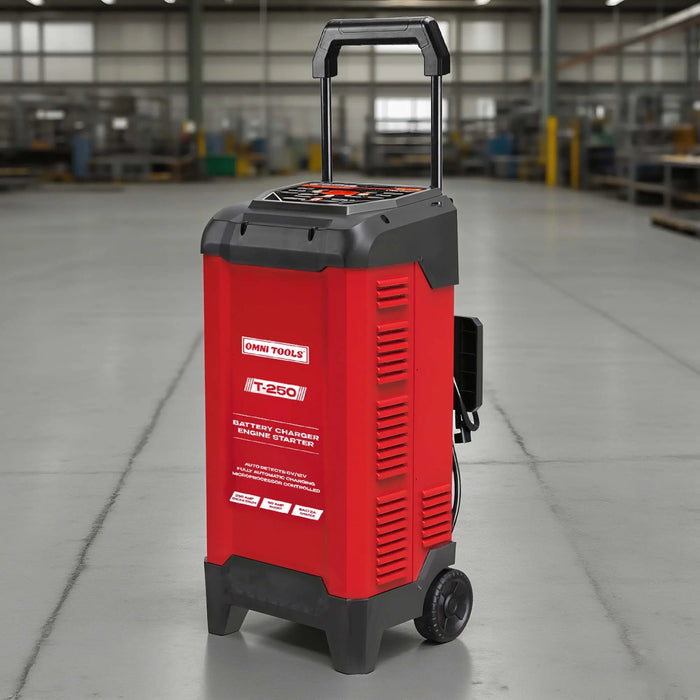 OMNI TOOLS T-250 Battery Charger & Engine Starter – 250A Start, 50A Boost, 6V/12V Automatic Charger for STD, AGM, Gel Batteries – Digital Display, Microprocessor Controlled, Safety Protection [T-250] Omni Tools