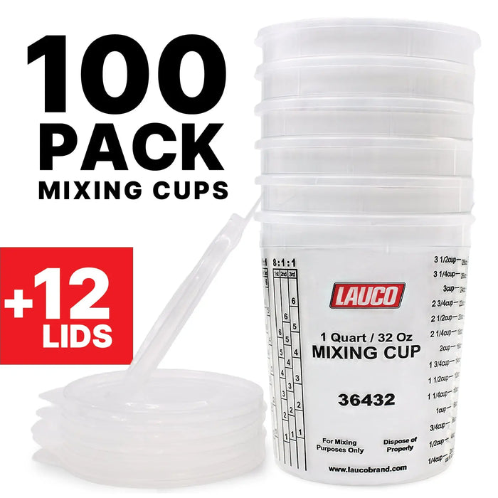 Paint & Epoxy Mixing Cups Buckets - 174 Ounce (5-Quart) - Calibrated Mixing ratios on Side - Solvent Resistant, Reusable Clear Plastic Cups for Paint, Epoxy, Resin, Oil, Thinner (32) LAUCO