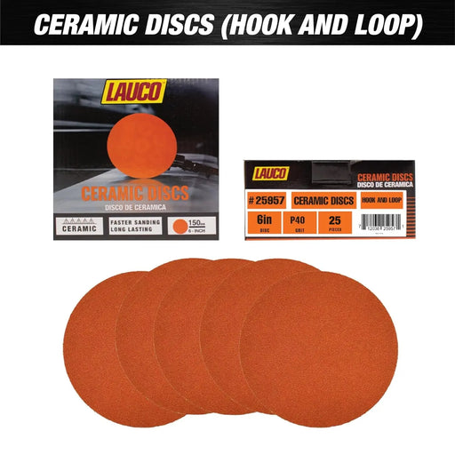 Premium 6" Hook and Loop Ceramic Sanding Discs, No Hole, (Box of 25) for Sanding on Fiberglass, Metals Non-Ferrous, Wood Style: 40 GRIT Lauco