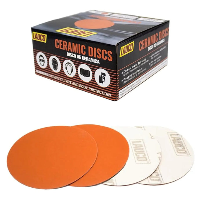 Premium 6" Hook and Loop Ceramic Sanding Discs, No Hole, (Box of 25) for Sanding on Fiberglass, Metals Non-Ferrous, Wood Style: 40 GRIT Lauco