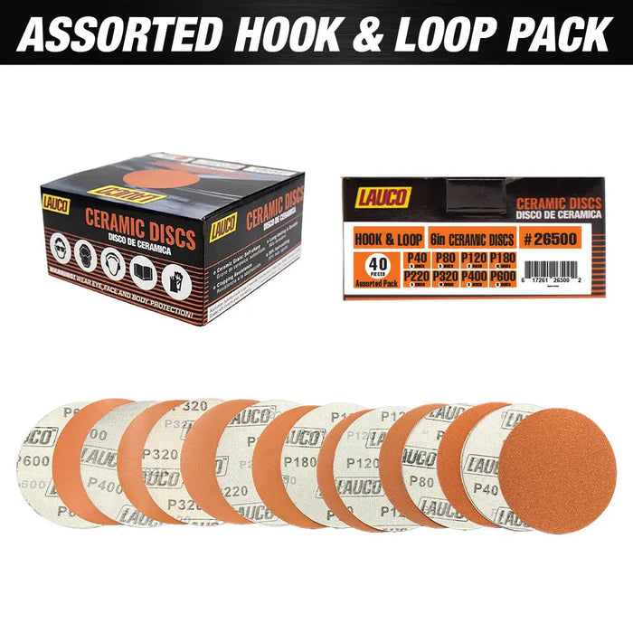 Premium 6" Variety Pack Hook and Loop Ceramic Sanding Discs, No Hole, 5 Each of Grit (40, 80, 120, 180, 220, 320, 400, 600) - Box of 40 Sandpaper for Automotive Sanding - National Supply Company