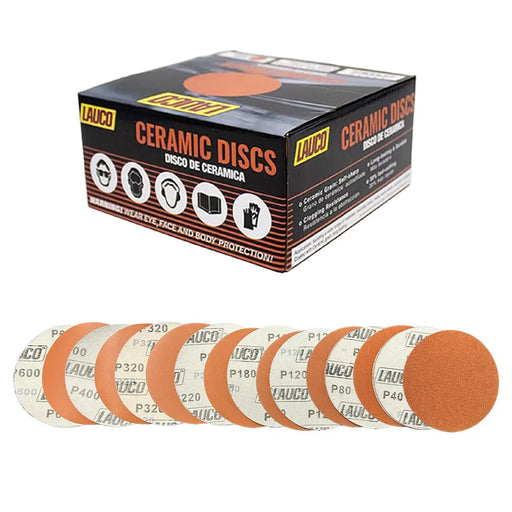Premium 6" Variety Pack Hook and Loop Ceramic Sanding Discs, No Hole, 5 Each of Grit (40, 80, 120, 180, 220, 320, 400, 600) - Box of 40 Sandpaper for Automotive Sanding - National Supply Company