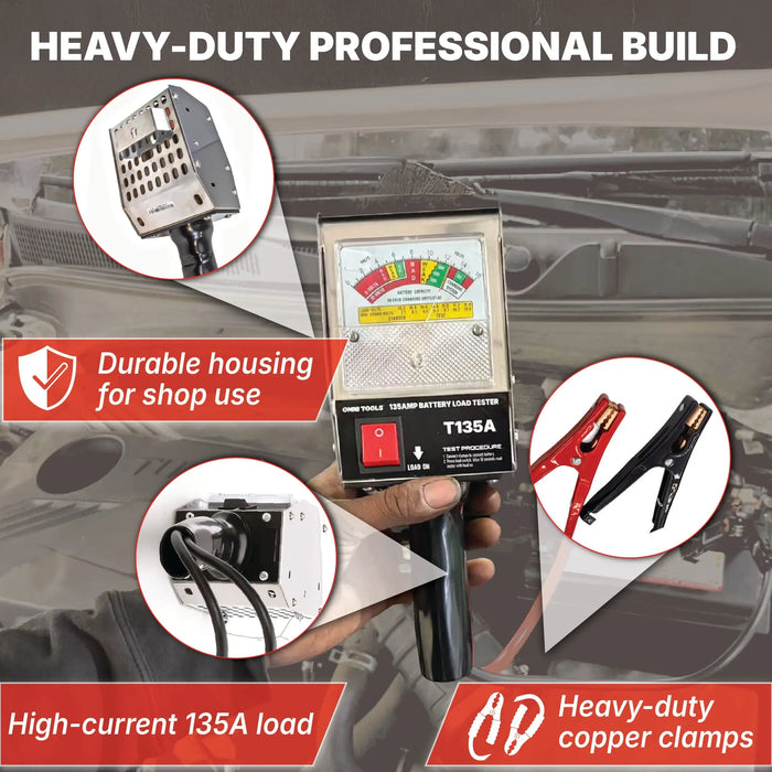 Professional 135 Amp Battery Load Tester, 6V 12V Automotive Charging System Analyzer with Easy-Read Gauge, Copper Jaw Clamps for Car, Motorcycle, Marine Batteries Omni Tools