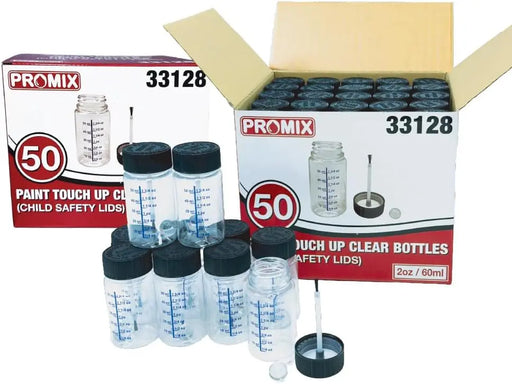 Promix Touch Up Paint Bottles 2oz (Box of 50) – With Child Safety Lids, Mixing Balls, Gradient Markings & Brushes – Solvent-Resistant PET – Car Paint Chip Repair & Scratch Fix Containers National Supply Company