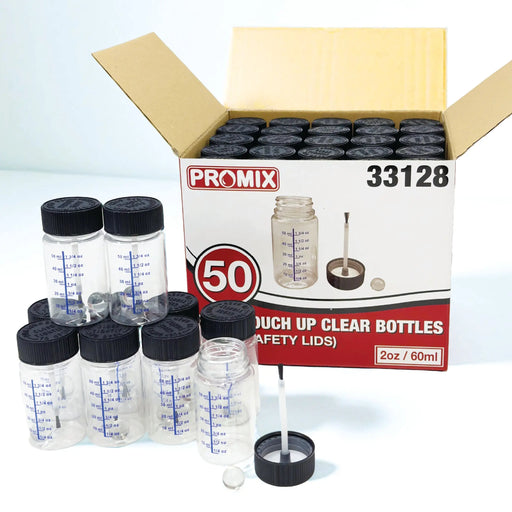 Promix Touch Up Paint Bottles 2oz (Box of 50) – With Child Safety Lids, Mixing Balls, Gradient Markings & Brushes – Solvent-Resistant PET – Car Paint Chip Repair & Scratch Fix Containers National Supply Company