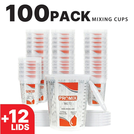 Reusable Measuring Cups Pack of 100 with 12 lids - Size 72 Ounce - Calibrated Mixing ratios on Side - (4576) National Supply Company