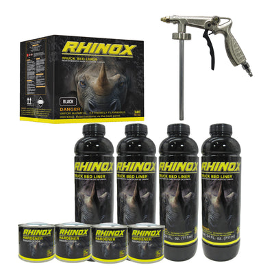 Rhinox Black 1 Gallon Urethane Spray-On Truck Bed Liner Kit - 4 Bed Liners, 4 Hardeners and 1 Applicator Spray Gun - Easy 3 to 1 Mix Ratio, Just Mix, Shake and Shoot It