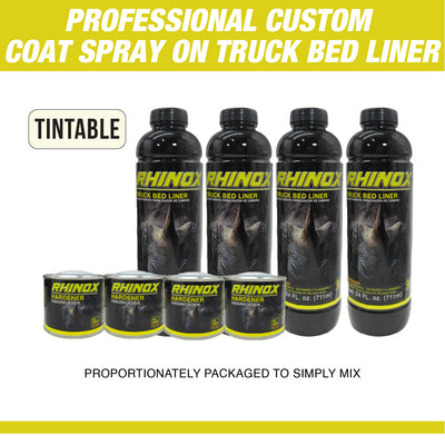 Rhinox Tintable 1 Gallon Urethane Spray-On Truck Bed Liner Kit - 4 Bed Liners, 4 Hardeners and 1 Applicator Spray Gun - Easy 3 to 1 Mix Ratio, Just Mix, Shake and Shoot It