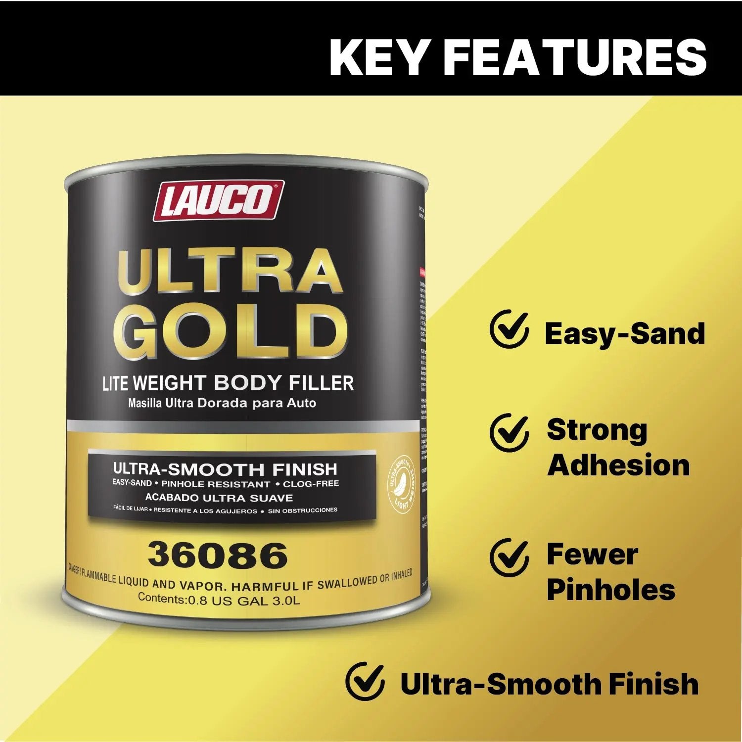 Ultra Gold Lightweight Body Filler – Premium Auto Dent & Scratch Repair Putty – Ultra-Smooth Finish, Easy-Sand, Pinhole Resistant – Strong Adhesion to Metal & Fiberglass (Ultra Gold, 6 Liters) LAUCO