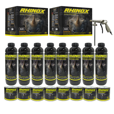 Rhinox Black 2 Gallon Urethane Spray-On Truck Bed Liner Kit - 4 Bed Liners, 4 Hardeners and 1 Applicator Spray Gun - Easy 3 to 1 Mix Ratio, Just Mix, Shake and Shoot It