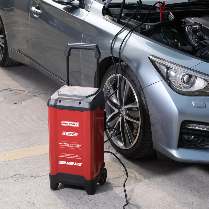 OMNI TOOLS T-250 Battery Charger & Engine Starter – 250A Start, 50A Boost, 6V/12V Automatic Charger for STD, AGM, Gel Batteries – Digital Display, Microprocessor Controlled, Safety Protection [T-250]