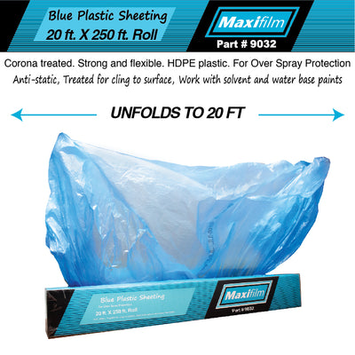Maxifilm 20ft x 250 ft Roll Blue Premium Overspray Paintable Plastic Sheeting - 8 Micron, 0.3 Mil, Protective Corona Treated Masking Film Cover - Auto Car Painting, Bodyshop Repair, House Paint Cloth