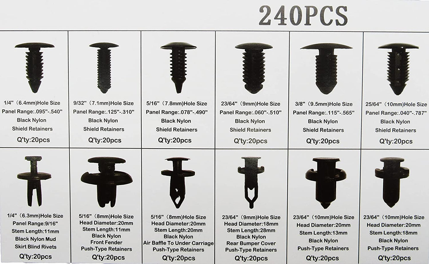 Car Door Trim Panel Clips Kit Set A (240 Pieces) 12 Types of Clips, Bumper Push Fastener Rivet Clips, Expansion Screws Replacement Kit
