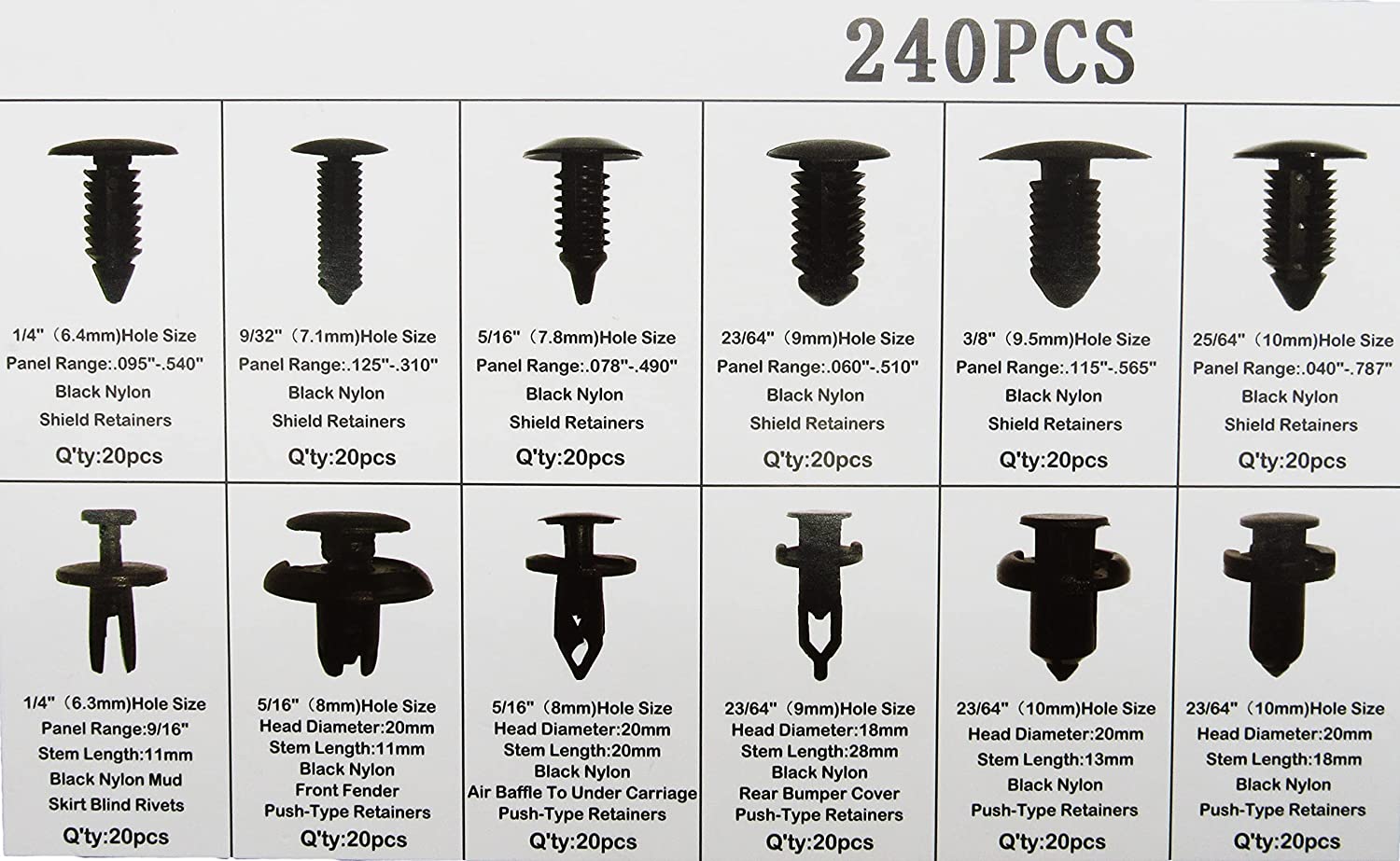 nationalsupplyco Car Door Trim Panel Clips Kit Set A (240 Pieces) 12 Types of Clips, Bumper Push Fastener Rivet Clips, Expansion Screws Replacement Kit